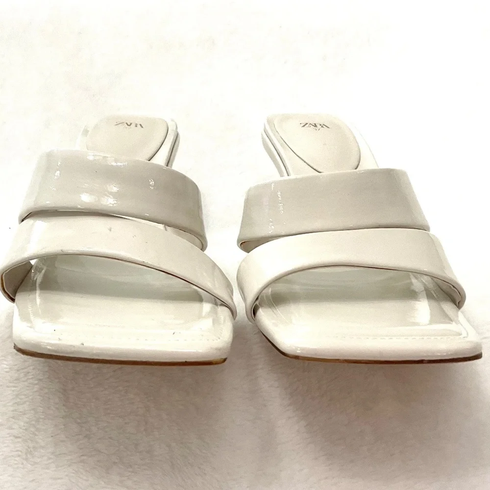 Zara White Open Toe Square Padded Dressy High Heel Sandals Size US7/EU37